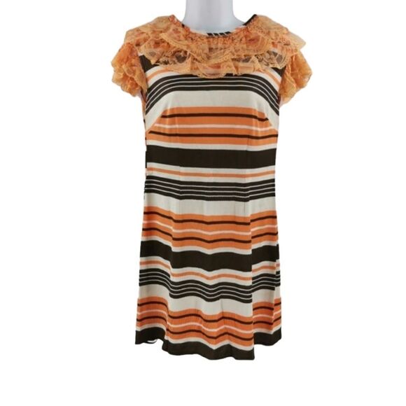 Vintage 60s Orange Stripes & Lace Ruffle Dress - Picture 1 of 3